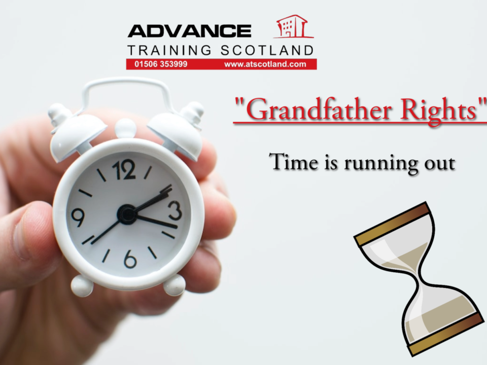A hand holding a small white alarm clock Advance Training logo at the top, Grandfather Rights underneath in red text. Time is running out underneath in black.